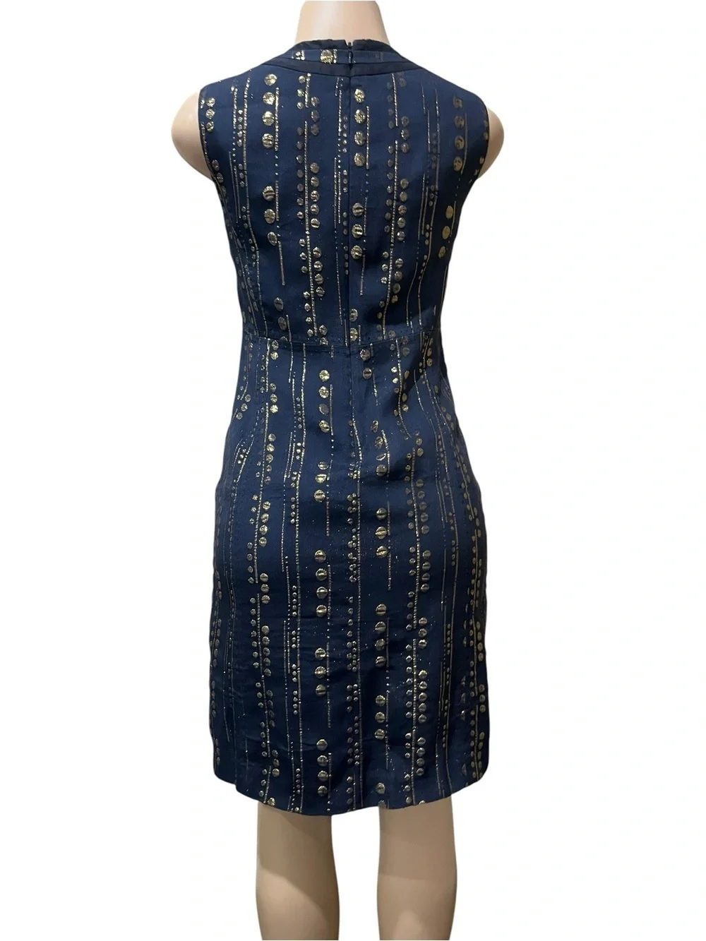Tory Burch Navy Sleeveless Shift Dress with Metallic Dot Stripes